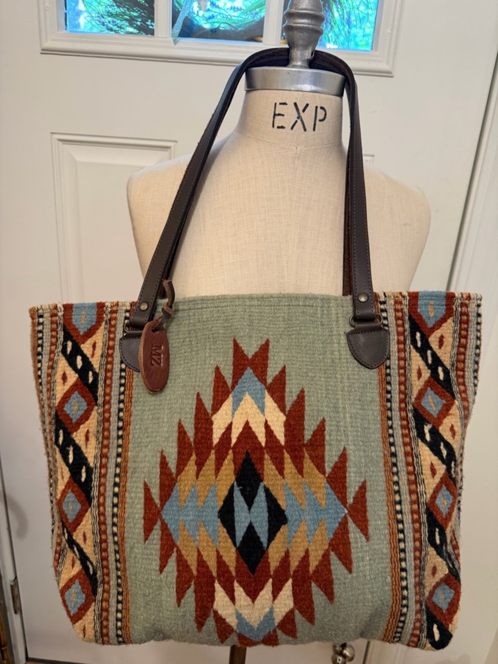 Manos Zapotecas Boho Woven Aztec Tote in Sage Green with Brown Leather Straps
